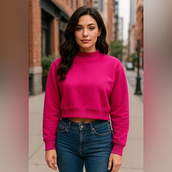 Green Eyed Girl Tops - Green Eyed Girl Cropped Long Sleeve Pink Sweatshirt – Size Medium – Mock Neck, B